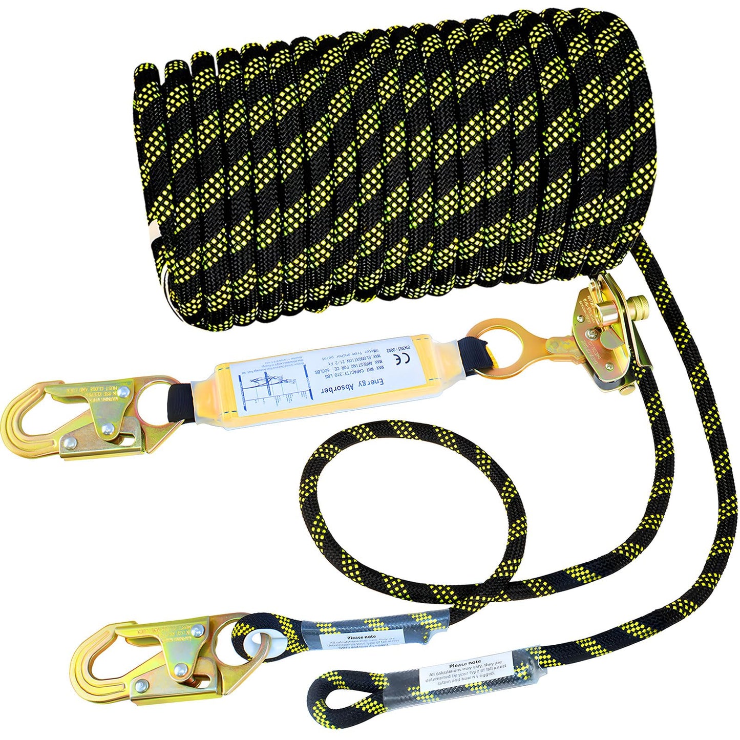 Meyoppm 100FT Vertical Lifeline Assembly, Heavy Duty Fall Protection Safety Rope with Rope Grab, Steel Snap Hooks & Shock Absorber, Tree Climbing High-Altitude Safety Line Kit, ANSI CE