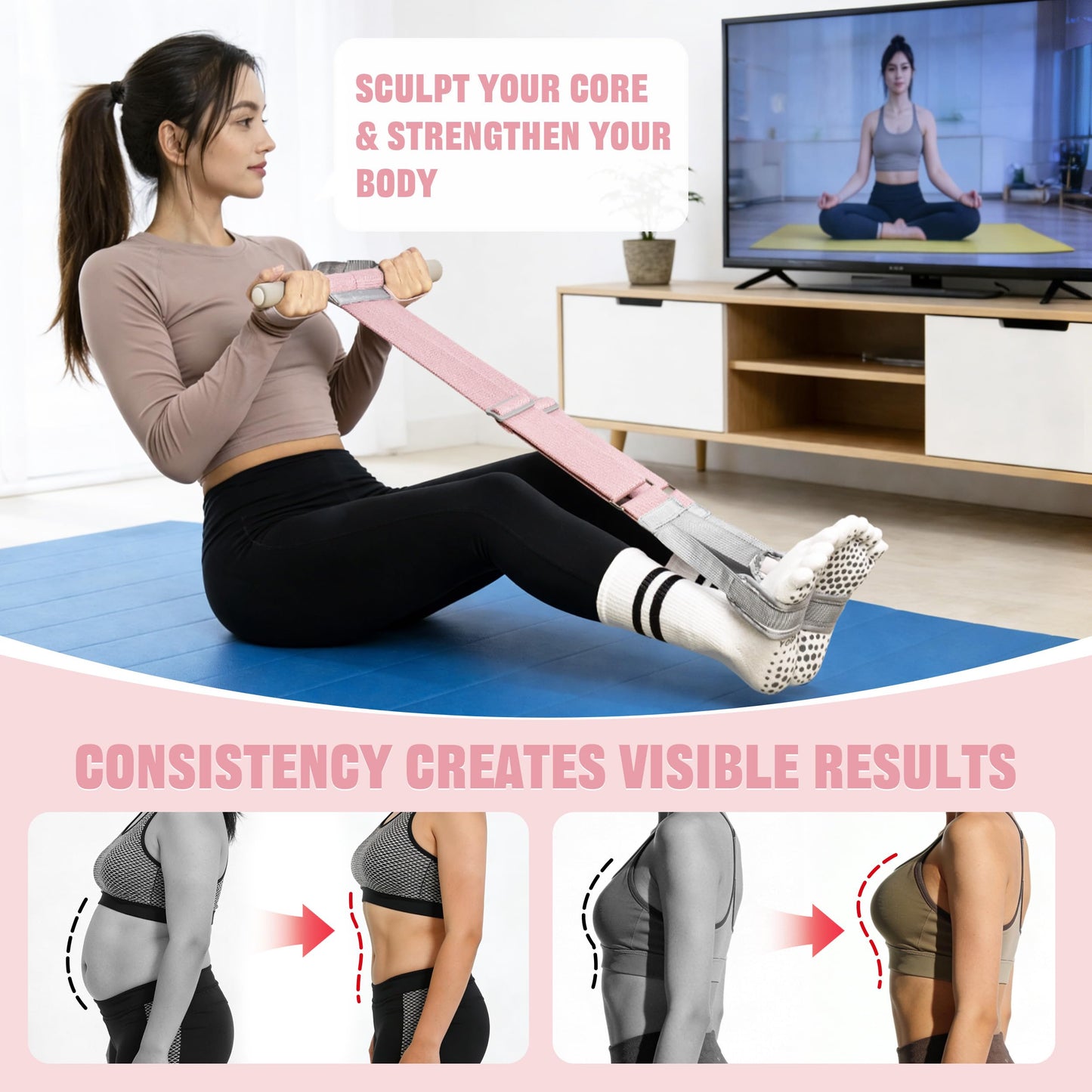 VULKEN Foot Pedal Resistance Band for Women Core Workout. Adjustable Fabric Resistance Band with Handles 150lb Full-body Elastic Excercise Band for Arm leg Muscle Training Stretching Home Gym Equiment