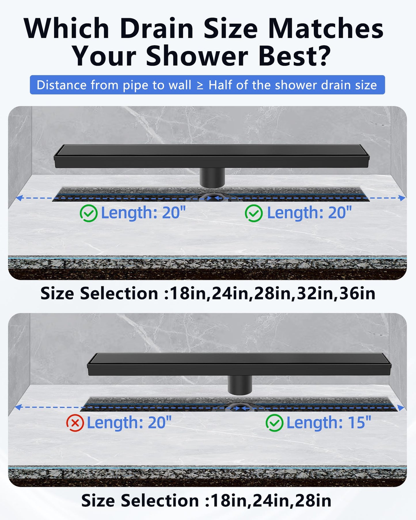 YEFU Black Linear Shower Drain for Bathroom: 42 Inch Shower Drain with Tile Insert Grate - 304 Stainless Steel Rectangle Linear Drain - 2-in-1 Matte Black Shower Floor Drain