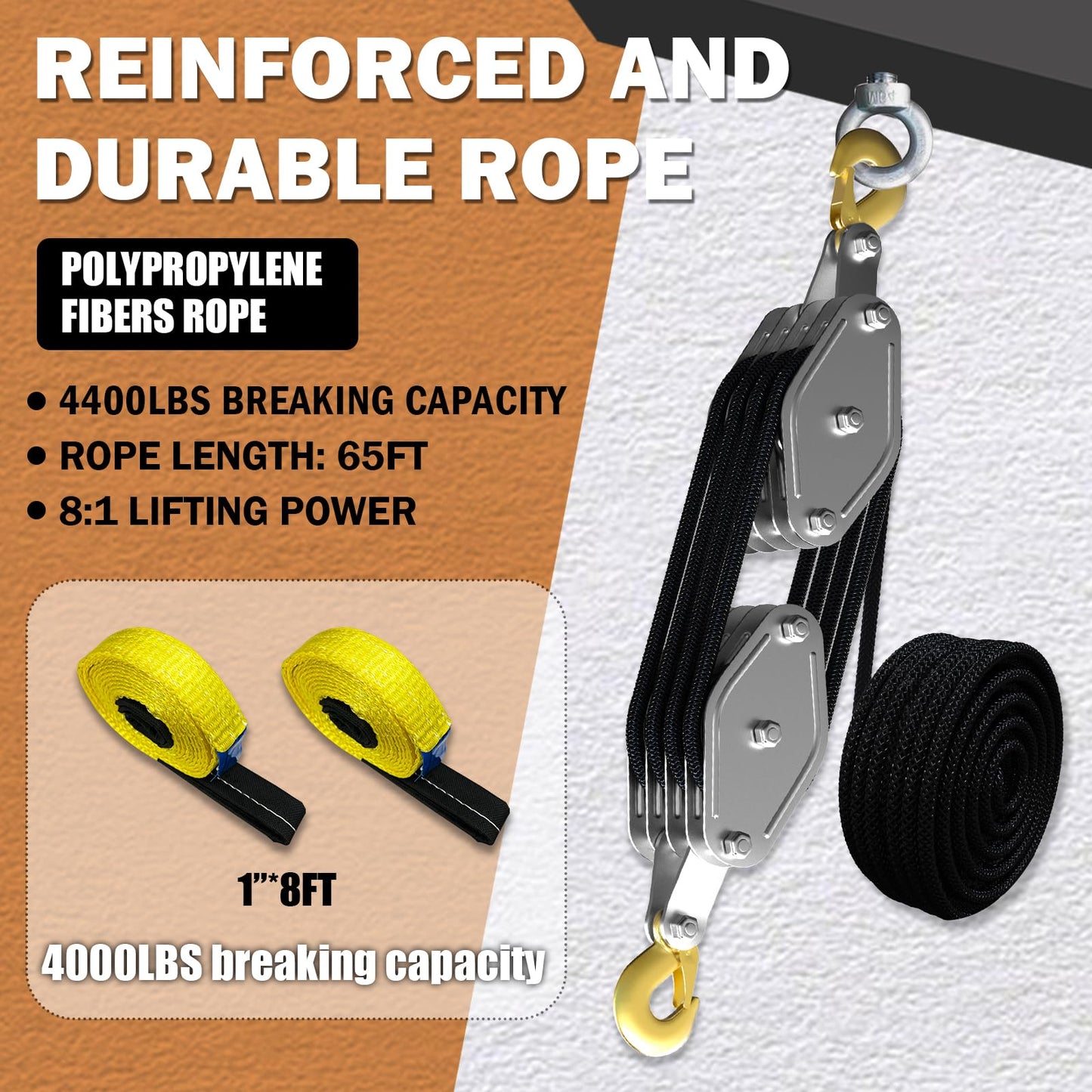 YATOINTO Rope Hoist Pulley System, 4400LB Pulley Block and Tackle, 8:1 Ratio Lifting Power 65ft, Heavy Duty Pulley Block for Lifting Pulling (with 2PCs Straps)