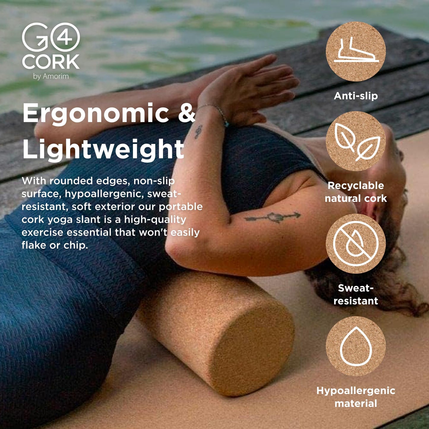 Go4Cork Yoga High-Density Cork Body Roller - 11.8" x 3.7" | Strong Eco Cork Roller with Non-Slip Grip | Enhances Yoga Exercise & Deep Tissue Massage for Quick Back & Muscle Recovery