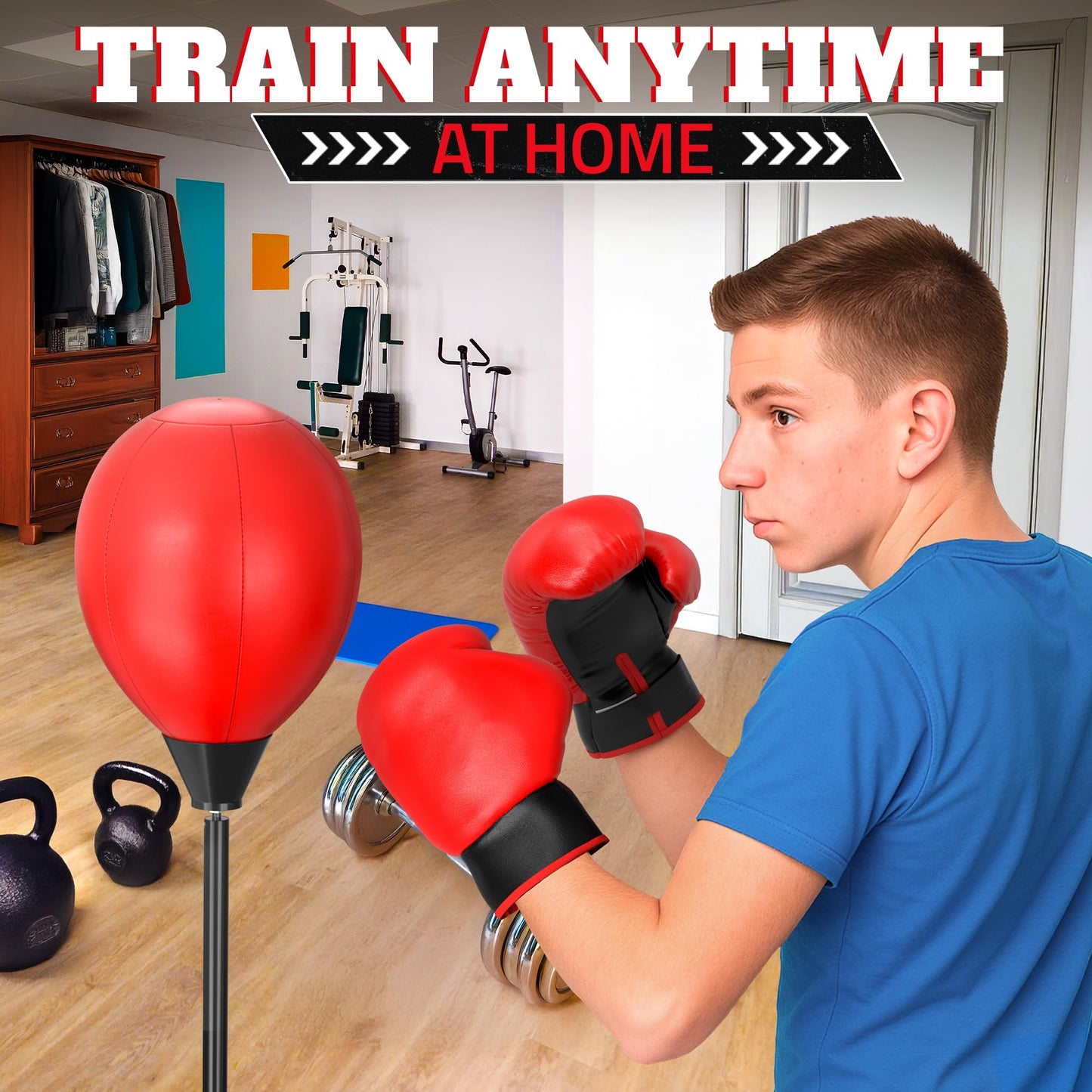 Adjustable Boxing Reflex Bag with Stand – 48"-58" Standing Punching Bag Kit with Gloves & Pump, Beginner Boxing Equipment for Training Coordination and Reaction Speed | Sport Gift for Home Workouts