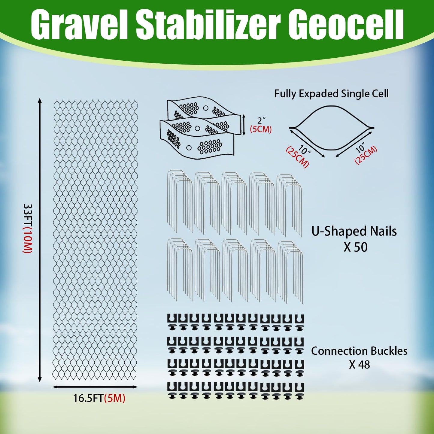 2" Thick Gravel Ground Grid 16.5ft x 33ft - Geo Grid Driveway Stabilization Grids, Gravel Retainer Grid 1885 LBS Per Sq ft, Geocell Geogrid for Walkway Driving RV Parking Slopes and Garden