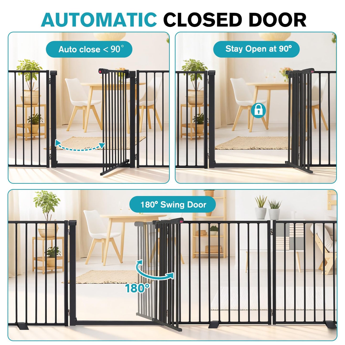 Snagle Paw Extra Wide Dog Gate,Free Standing Dog Fence with Door, Up to 208 Inch Wide Pet Gate with Support Feet for Stairs, Hallways, Doorways, Yard (Black, 8 Panels)
