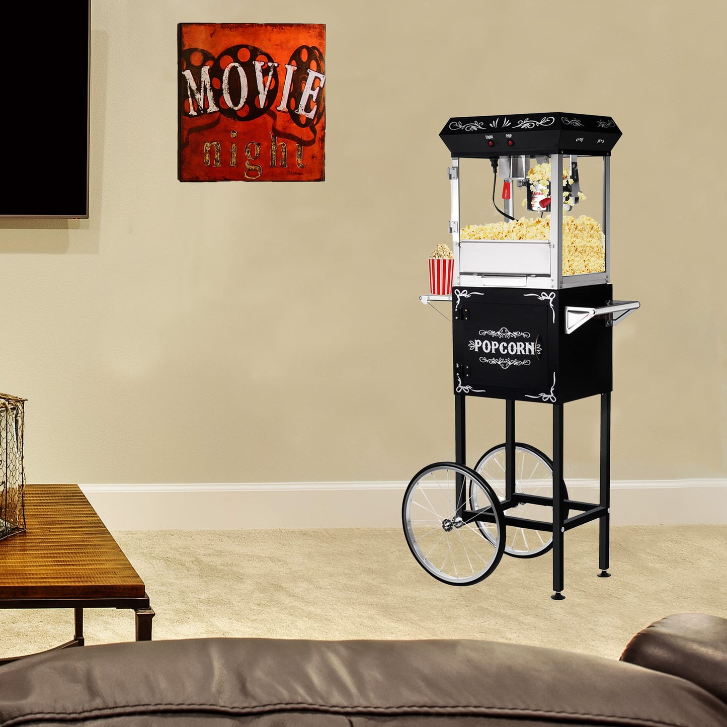 Popcorn Machine with Cart - Foundation 6oz Popper with Stainless-Steel Kettle, Heated Warming Tray, and Old Maids Drawer by Great Northern Popcorn (Black)