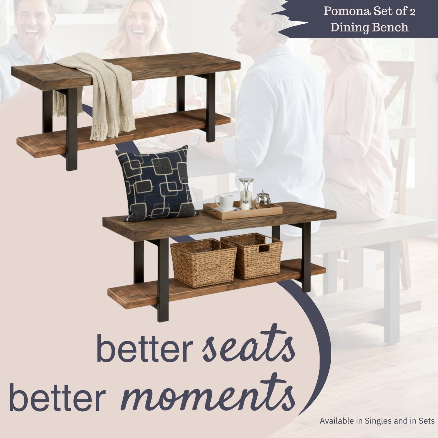 Alaterre Furniture Pomona Dining Bench Set of 2-48-Inch Modern Industrial Solid Wood Indoor Benches with Open Bottom Storage Shelf - Seating for Kitchen, Dining Room, and Living Room (Rustic Brown)