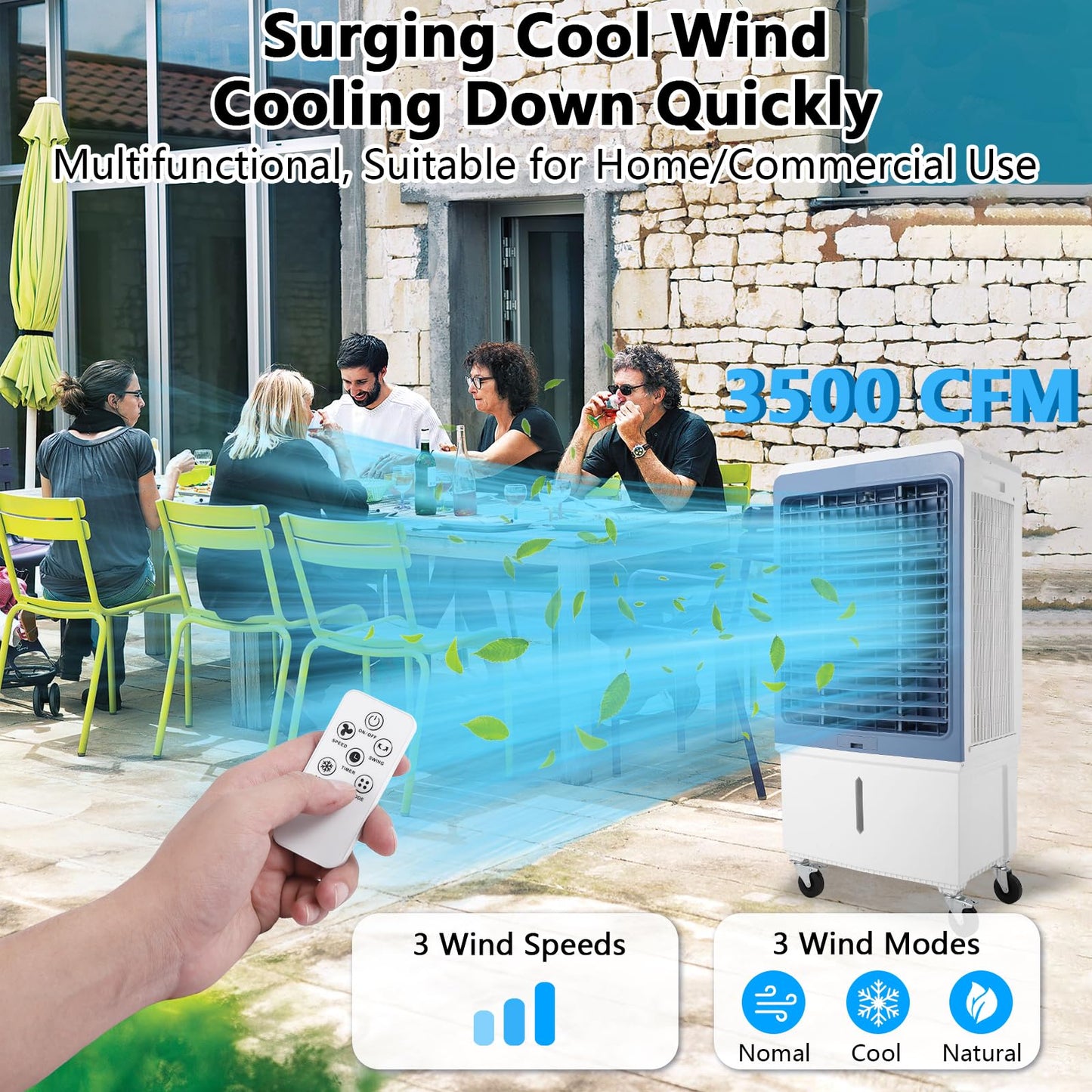 TAKYWEP Swamp Cooler, 3500CFM Evaporative Air Cooler with 13.2 Gallon Water Tank and 4 Ice Packs, 12H Timer, 3 Modes & Wind Speeds for Outdoor Indoor Use