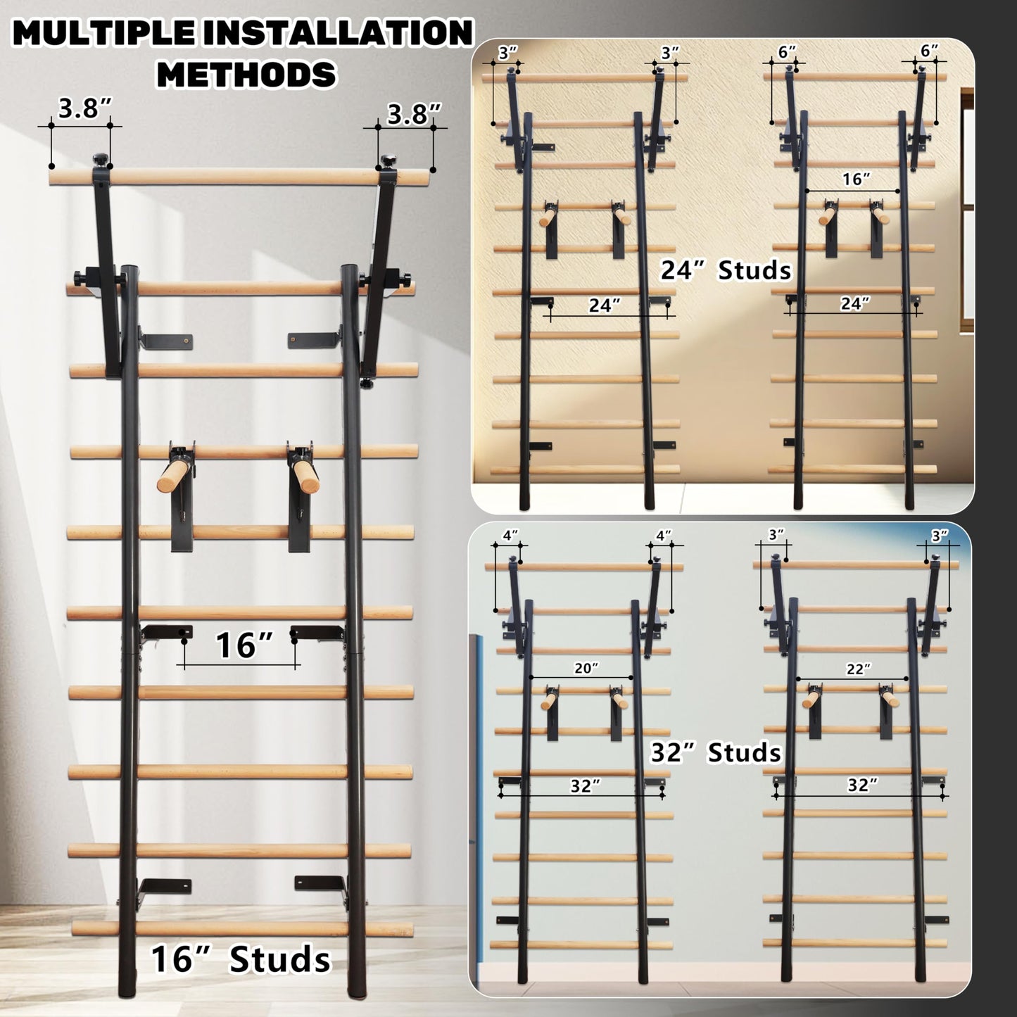 PreGymnastic Stall Bars, Swedish Ladder for Adult and Kids, Wall Bar with Solid Beech Wood Rods, Durable Steel Frame, Adjustable Pull Up and Dip for Strength, Flexibility at Home Gym, Studio