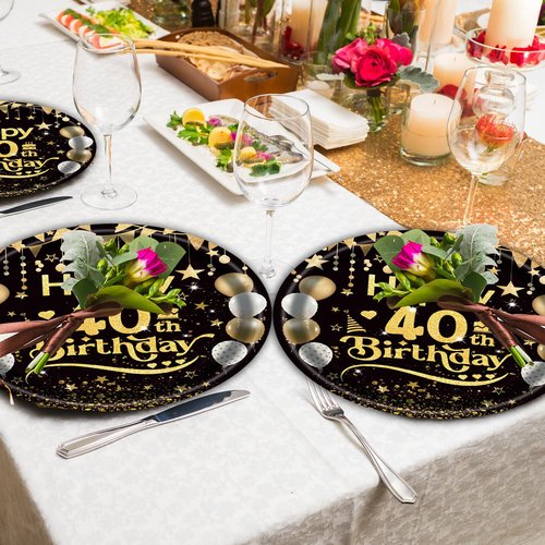 EVYIENEN 50Pcs 40th Birthday Party Paper Plates,7inch Disposable Black and Gold Dessert Party Plates Party Decorations for Men Woman 40th Happy Birthday Wedding Party Supplies