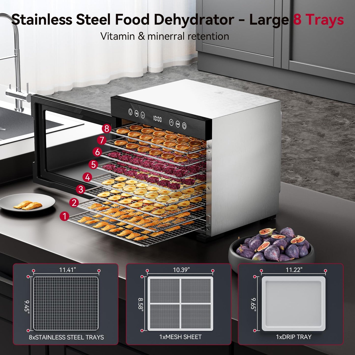 Food Dehydrator 650W, 8 Stainless Steel Tray Dehydrating Machine with Digital Timer & Temp Control (95℉-167℉), Quiet Powerful Jerky Dryer for Beef, Fruits, Herbs, Dog Treats, Veggies