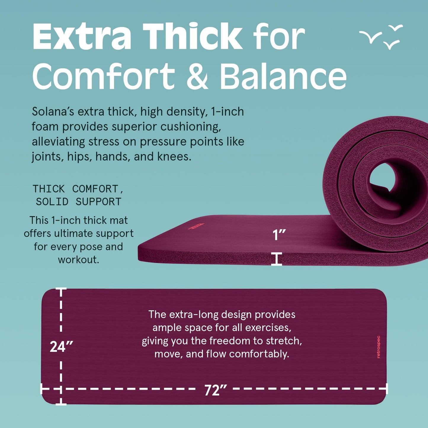 Retrospec Solana Yoga Mat 1" Thick w/Nylon Strap for Men & Women - Non Slip Exercise Mat for Home Yoga, Pilates, Stretching, Floor & Fitness Workouts - Boysenberry