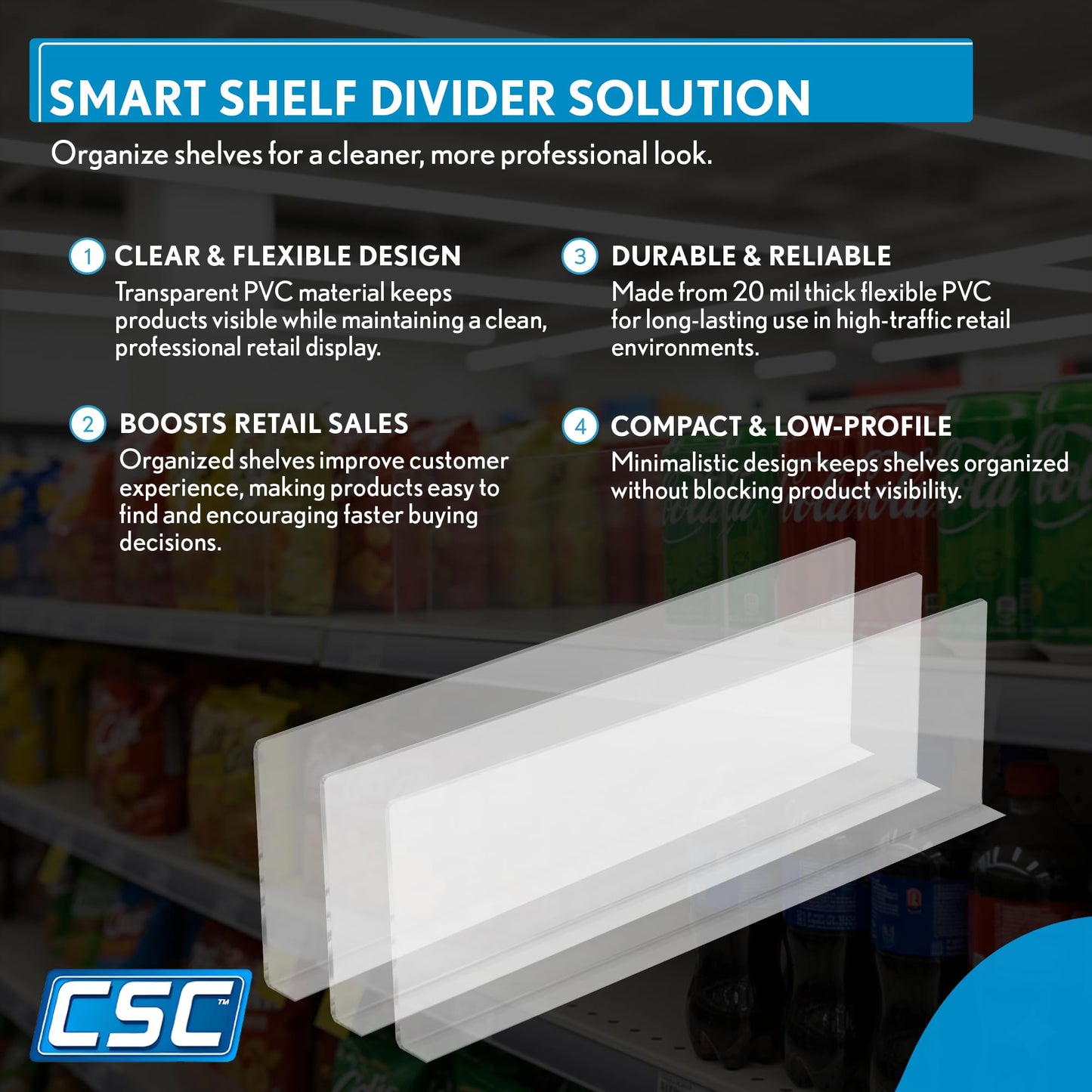 Shelf Dividers, 50 Pack, 3" x 17-9/16", Retail Shelf Organization, Product Separators, Clip Strip
