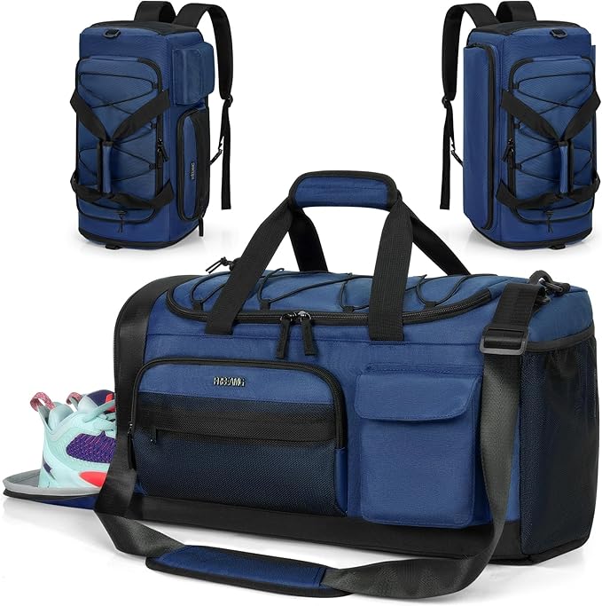 Gym Bag for Women & Men, Sports Travel Duffle Bag with Shoe Compartment, Anti-Theft Carry On Weekender Bag, Water Resistant Overnight Backpack for Airplane, Gym, Travel (Blue Black)