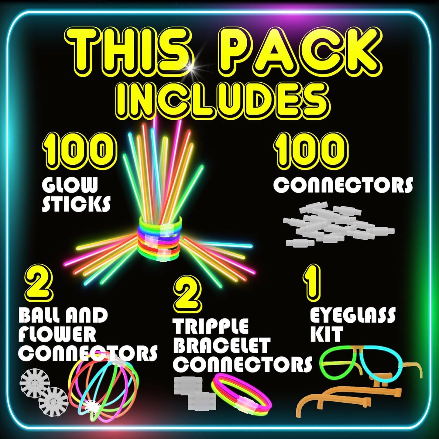 PartySticks Ultra Bright Glow Sticks - Glow in The Dark Party Supplies with Glasses, Bracelets & Connectors | Perfect for Halloween & 4th of July Celebrations