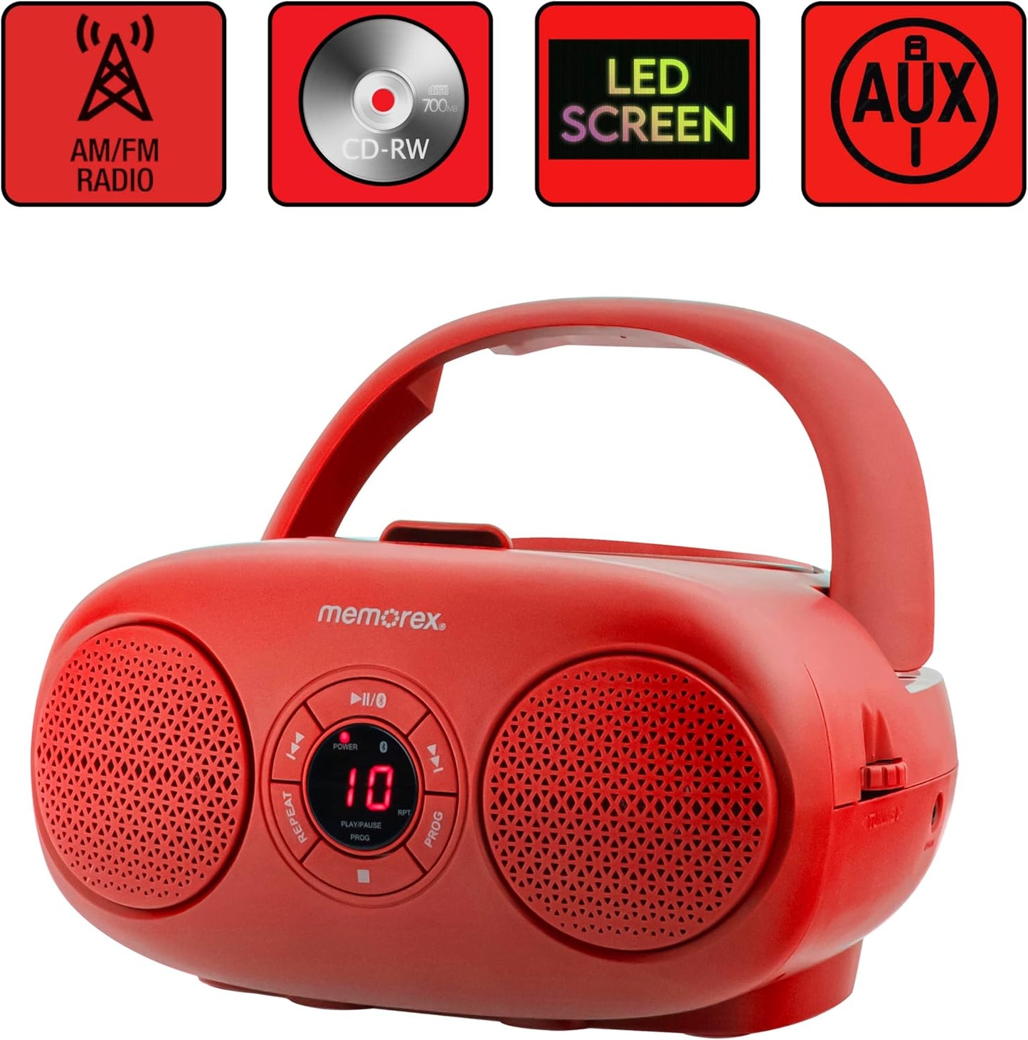 Memorex Programmable AM/FM Top Loading CD Player | Portable Stereo with Memory | Auxiliary Input and LED Display (Red)