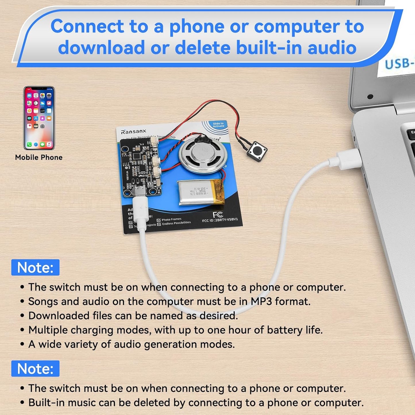 Ransanx MP3 Voice Recording Module Chip with Speaker Records and Plays Multiple Songs and Messages Create Recordable