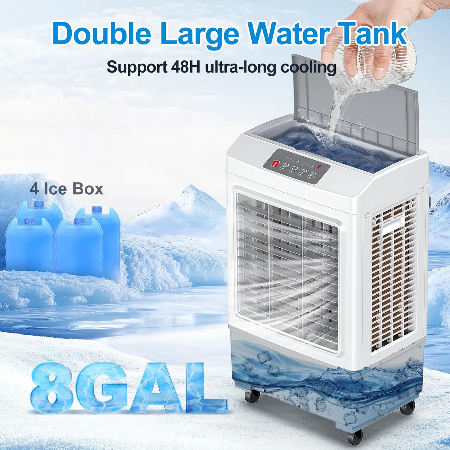 Large Windowless Portable Air Cooler, 3 in 1 Evaporative Swamp Cooler with Remote, Hoseless Ventless Fan Ac Unit, 7H Timer, 8 Gal Water Tank, 4 Ice Box for Garage, Bedroom Home Outdoor