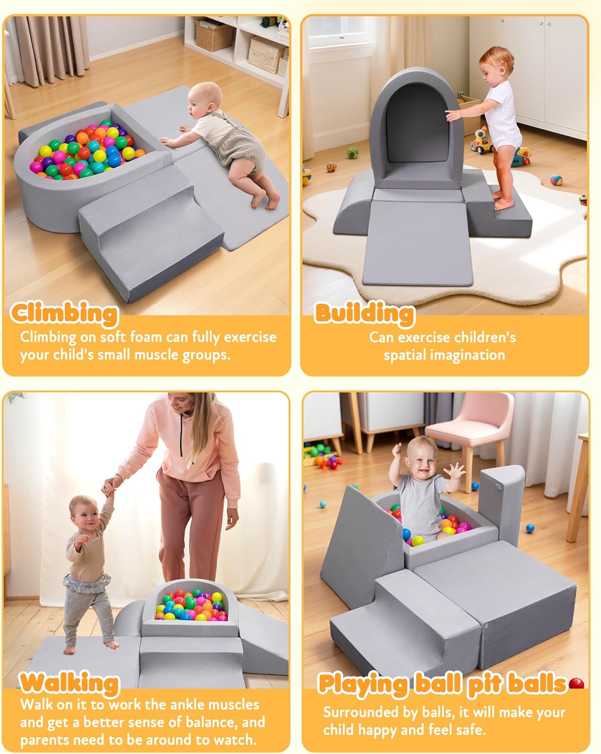 Skiennix Baby Climbing Blocks - Soft Play Set for Crawling Infants 6-12 Months | Anti-Slip Foam Gym (Grey)