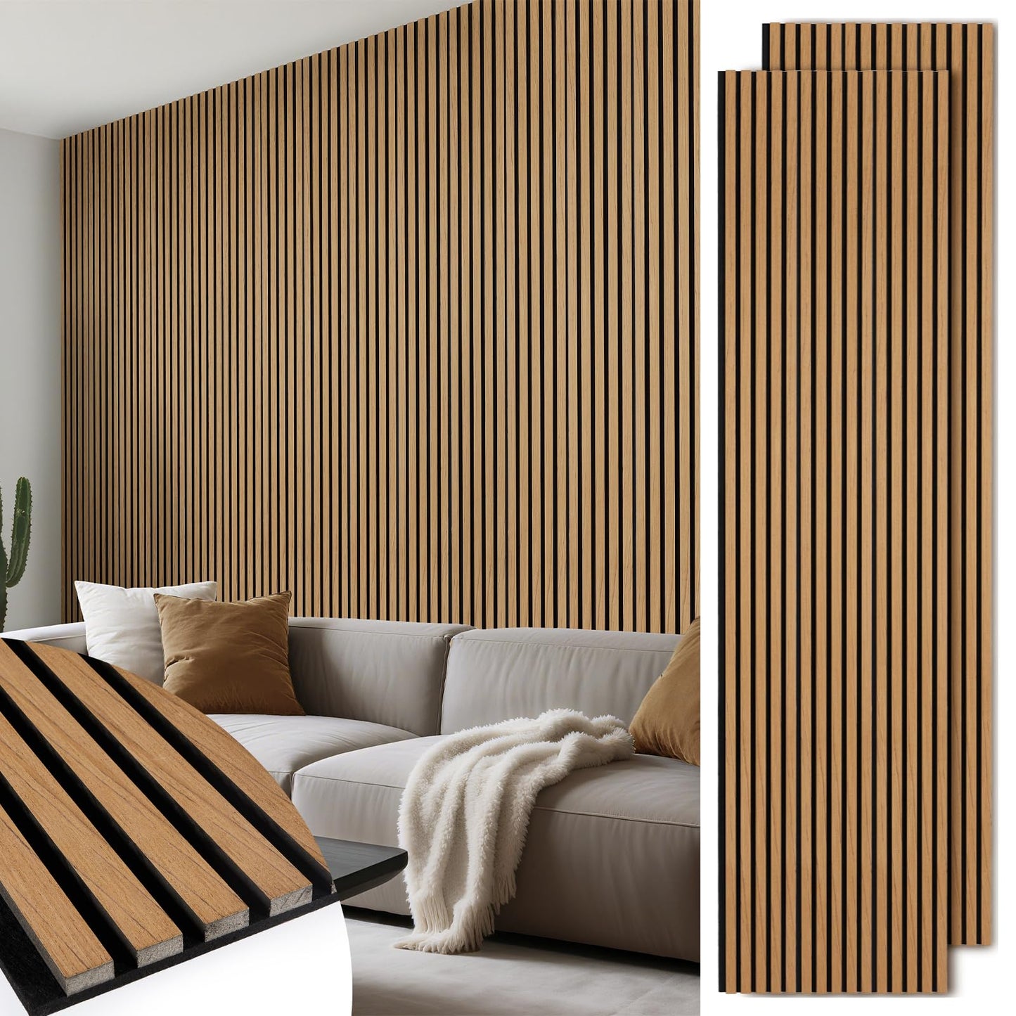 LARWORKS Wood Slat Wall Panels 2 Pack 106" x 23.6", Acoustic Wooden Panel for Wall, Soundproof 3D Fluted Panels for Interior Wall Decor, Living Room, Bedroom - Teak (Cover Approx.35 sq.ft)