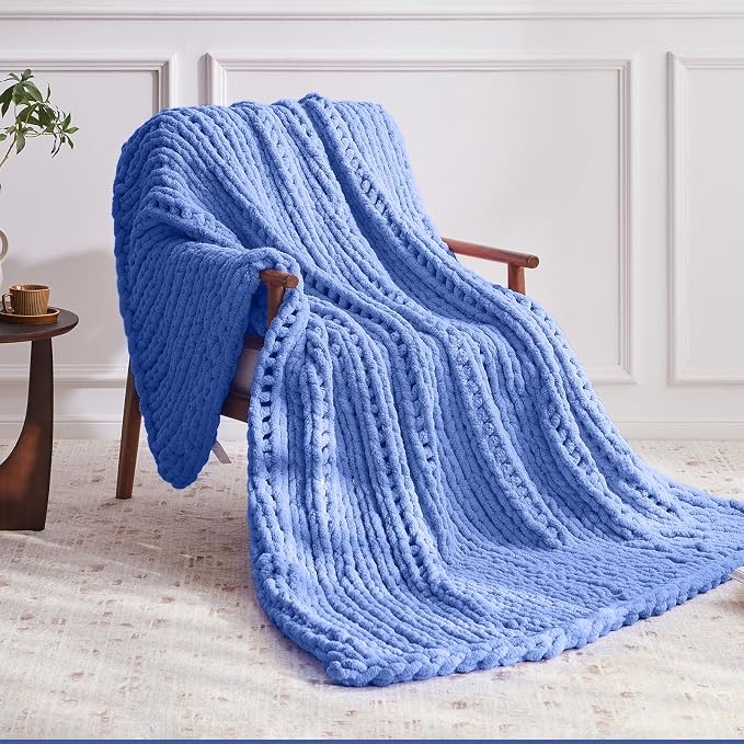 Negwoo Chunky Knit Throw Blanket, 50''*60'' Knitted Throw Chenille Yarn for Bed Couch, Handmade Light Blue Crochet Big Thick Blanket, Machine Washable Cute Comfy Blanket for Home Decor