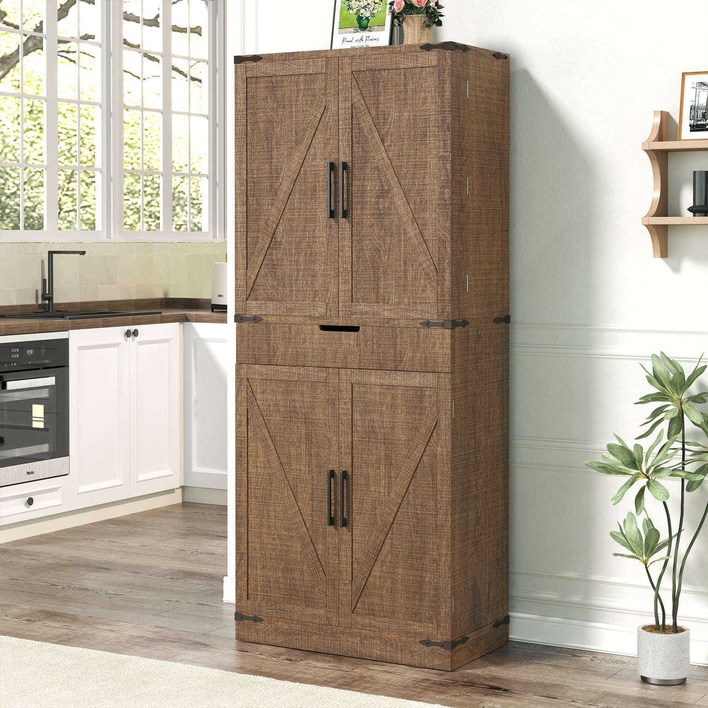 GRUSIGN 72" Kitchen Pantry Storage Cabinet with Doors and Shelves, Wood Farmhouse Pantry Storage with Barn Doors for Kitchen, Dining Room, Living Room, Dark Brown