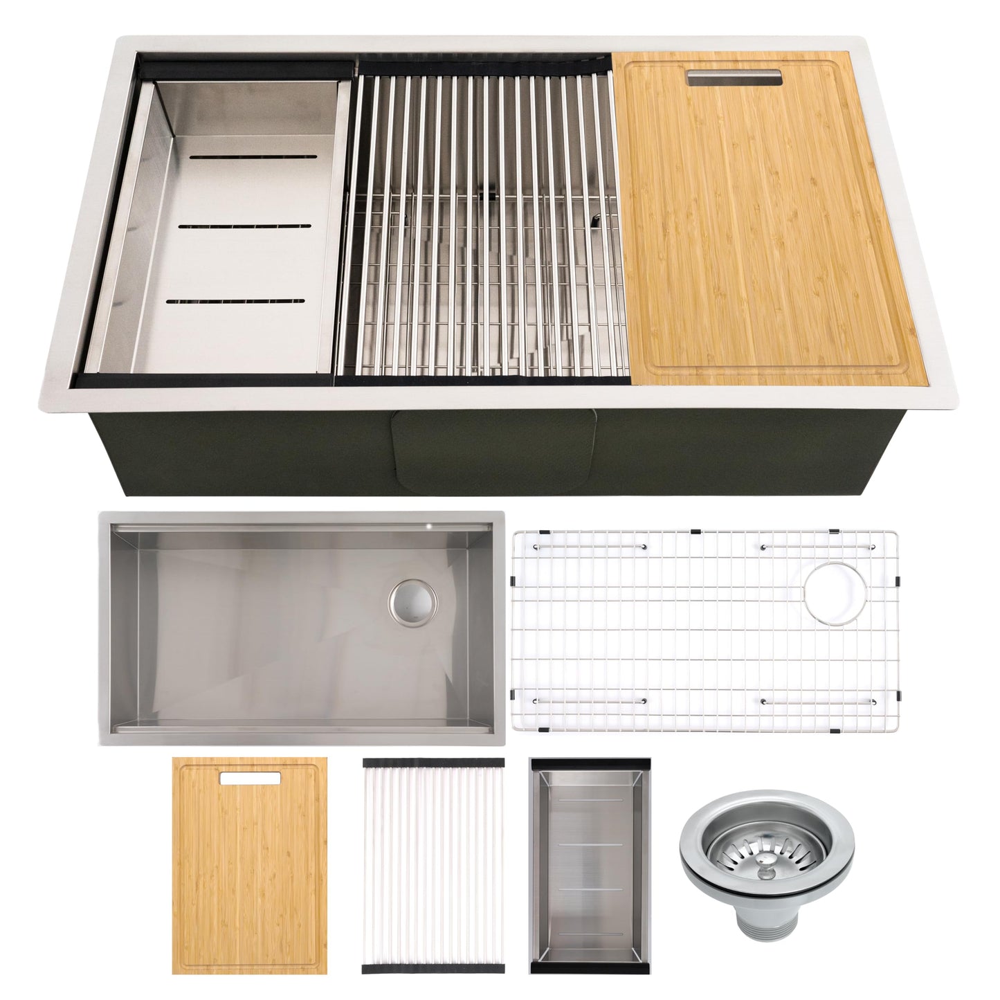 MSI Undermount Stainless Steel 33 in. x 19 in. Single Bowl Workstation Kitchen Sink with Cutting Board, Colander, Rolling Mat, Grid, and Strainer