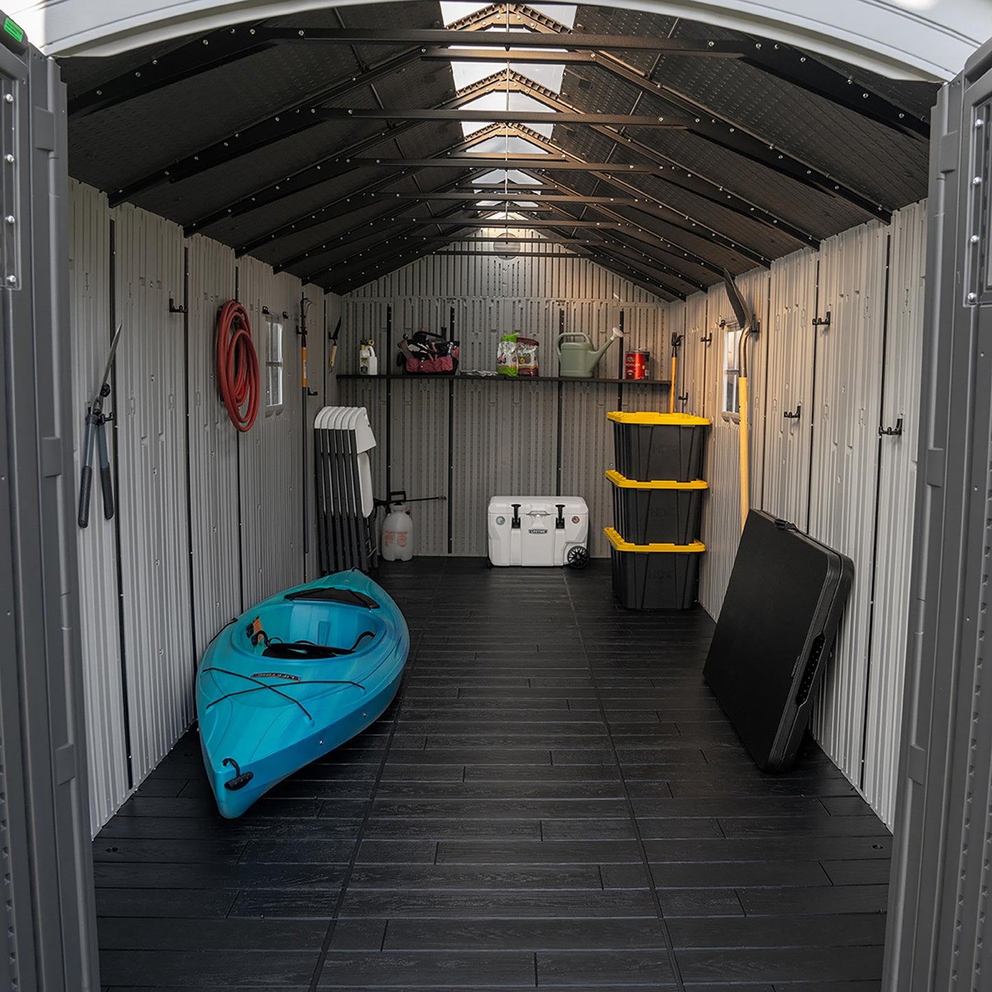 Lifetime Outdoor Storage Shed, 8x20 Ft, Gray, Resin Backyard Tool Shed with Lockable Doors and Weather-Resistant Panels