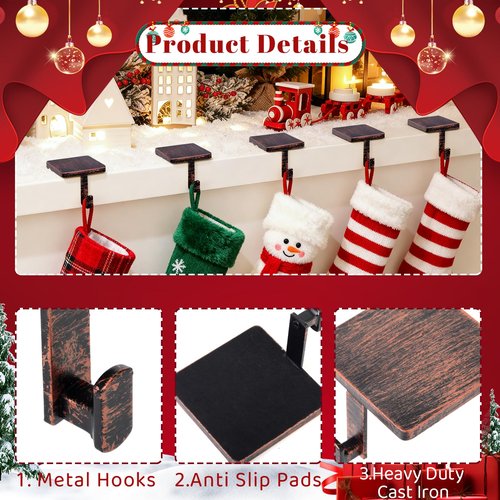 Christmas Stocking Holders for Mantle Set of 4, Mantle Stocking Hangers Hanging Hooks, Stocking Hanger Base, Stocking Holder Hooks for Fireplace Tabletop Shelf Christmas Decoration (Copper Red)