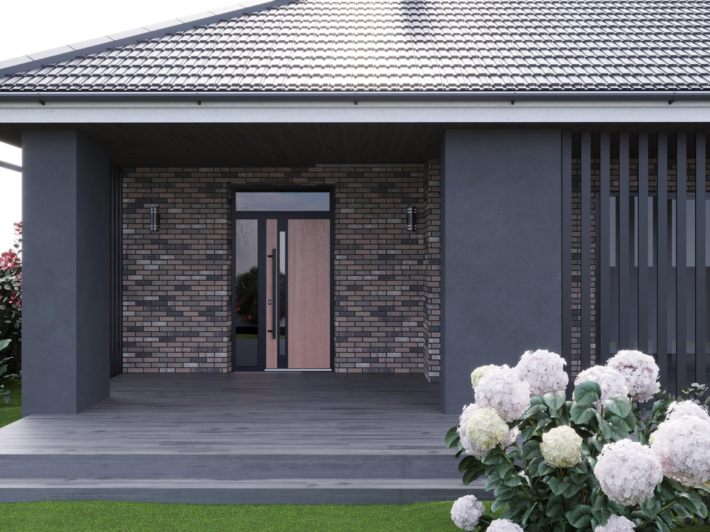VDOMDOORS Front Exterior Prehung Steel Door/Ronex 1033 Teak/Side and Top Exterior Window Sidelite/Entry Metal Modern Painted W36+14" x H80+16" Right Hand Inswing