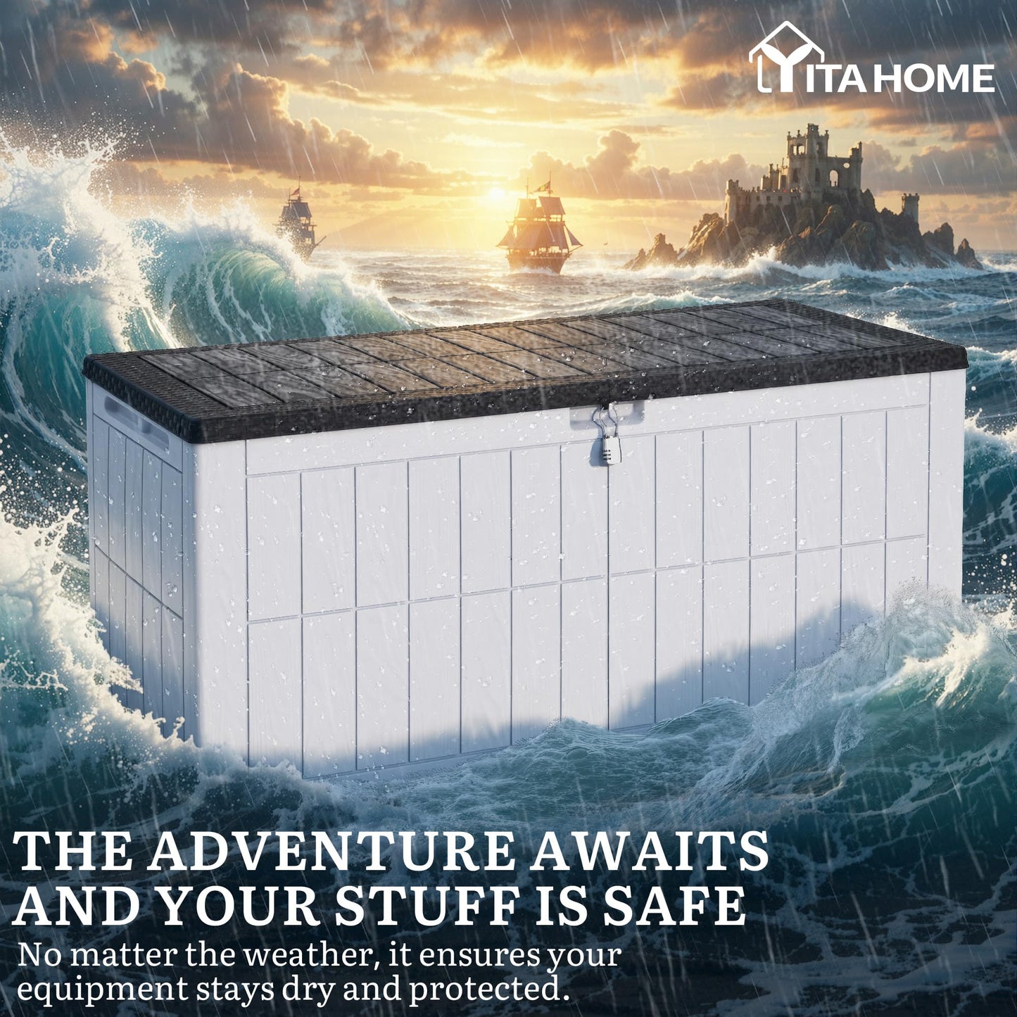 YITAHOME 134 Gallon Large Deck Box, Waterproof Resin Outdoor Storage Box with Lock and 2-Person Bench Seating for Patio Furniture Cushions,Garden Tools & Pool Accessories, Black & Grayish-White
