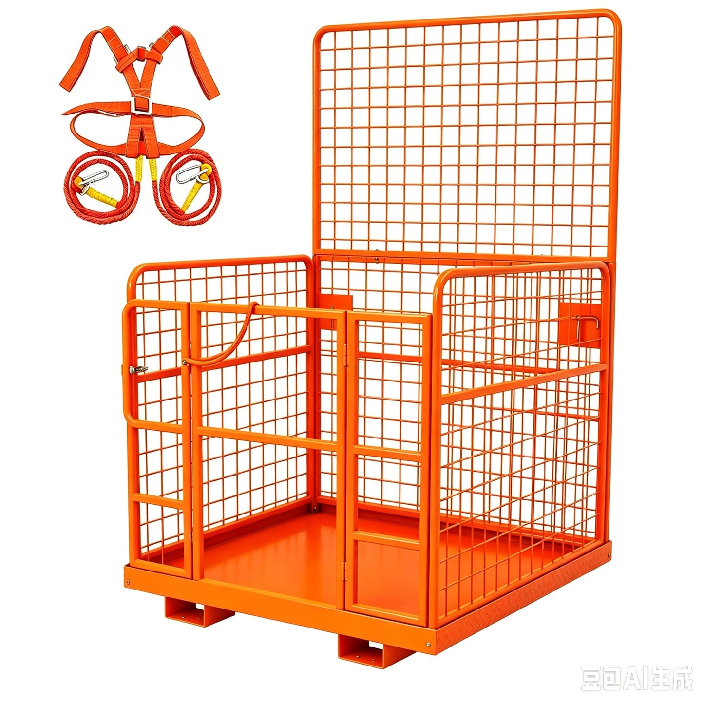 43"x45" Collapsible Forklift Safety Cage, 1800LBS 2-Man Forklift Man Basket Work Platform with Safety Harness & Lock, Forklifts Aerial Lift Basket for Lifting Loader