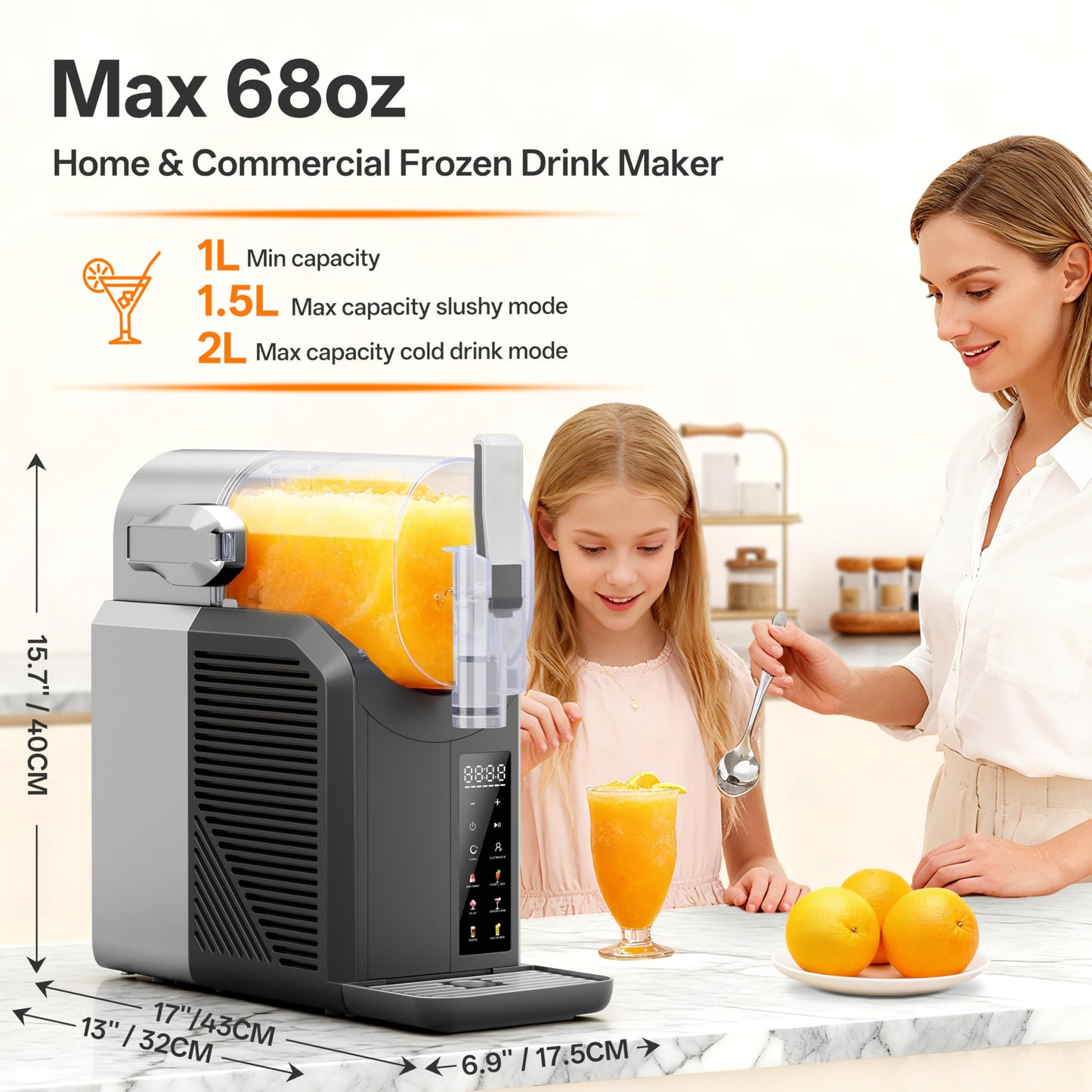 ZABINS Slushie Machine, 2L/68oz Slushy Machine for Home & Party, 6 Presets Frozen Drink Maker with Self‑Cleaning & LED Display, No Ice Needed, Ideal for Margaritas, Frappés, Milkshakes
