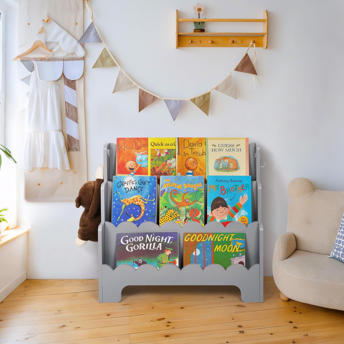 Tohiasen Kids Bookshelf Wooden 3-Tier, Scalloped Book Shelf for Kids Rooms, Front Facing Toddler Montessori Bookshelf, Baby Nursery Book Shelves Kid Classroom Book Shelf Bookcase
