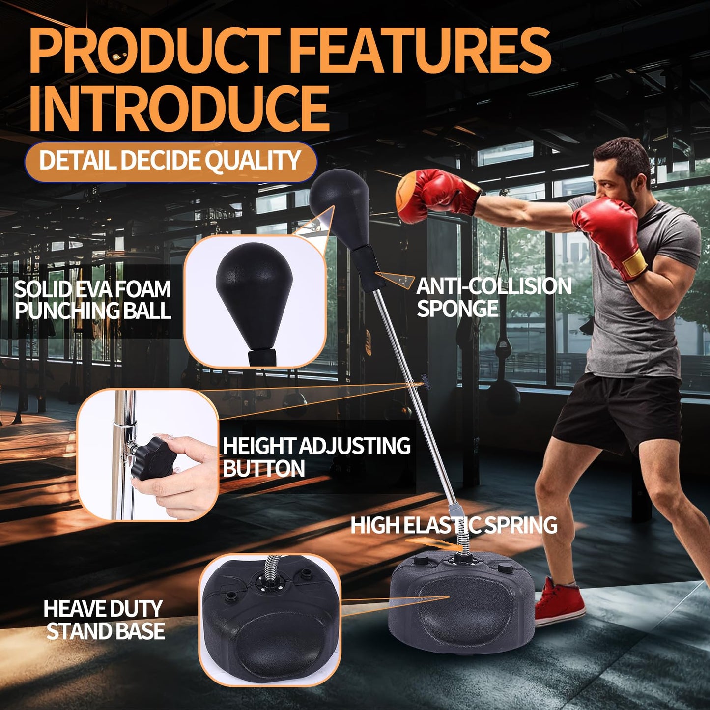 Stiatu Punching Bag with Stand, Heavy Boxing Bag Height Adjustable Reflex Bar and Speed Punching Bag for Adults & Youth, Home Gym Training Equipment for MMA Fitness Stress Relief (Black)