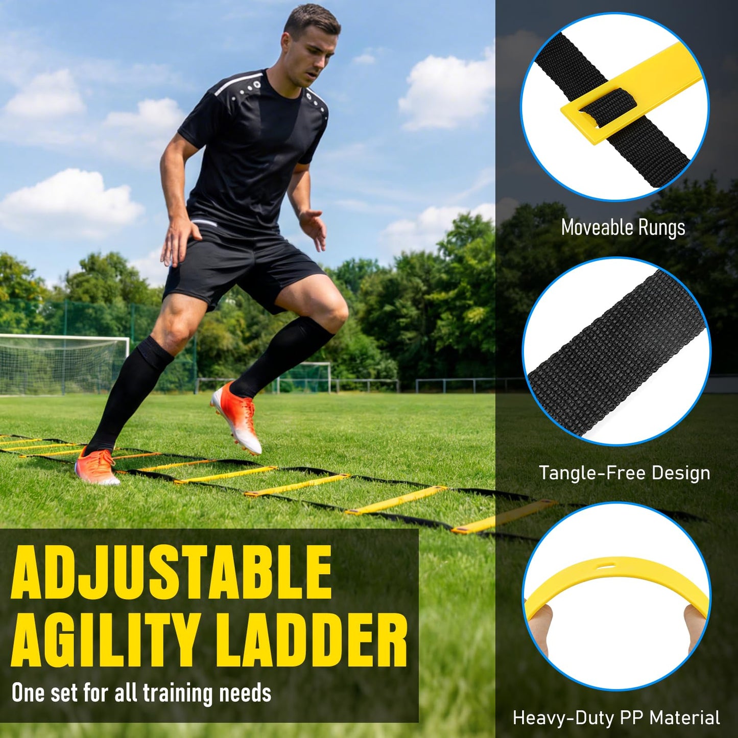 Agility Ladder,Soccer Training Equipment Set-20ft Speed Ladder,12 Soccer Cones,4 Hurdles,Jump Rope,Running Parachute,Basketball Football Agility Training Equipment for Kids, Youth, Adults (Yellow)
