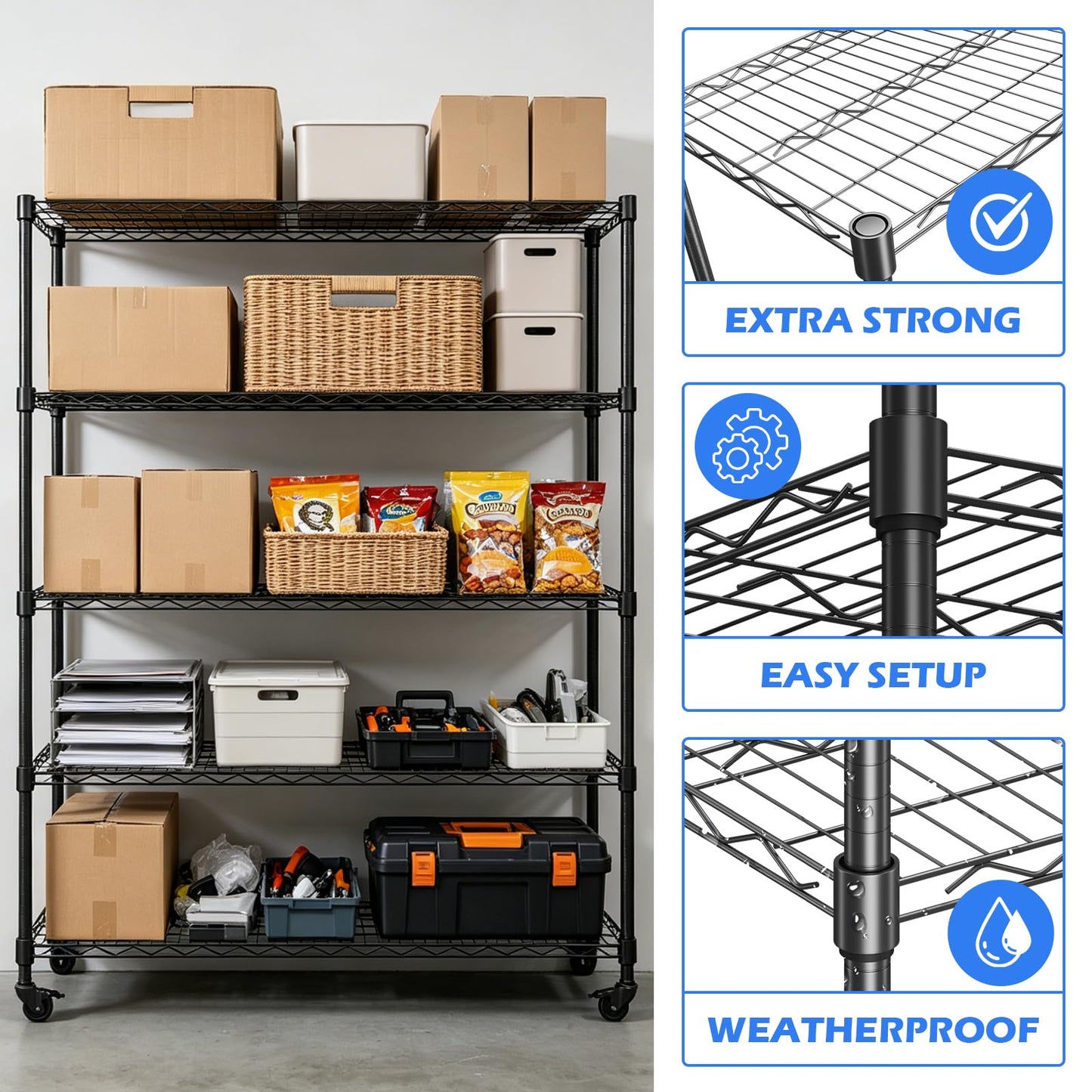 KAXIWEI Storage Shelves 2500LBS Metal Shelving 4 Tier Wire Shelving Garage Shelving Units with Wheels Heavy Duty Metal Shelves for Shelving Unit Adjustable Shelf, 62" H x 58" W x 20" D