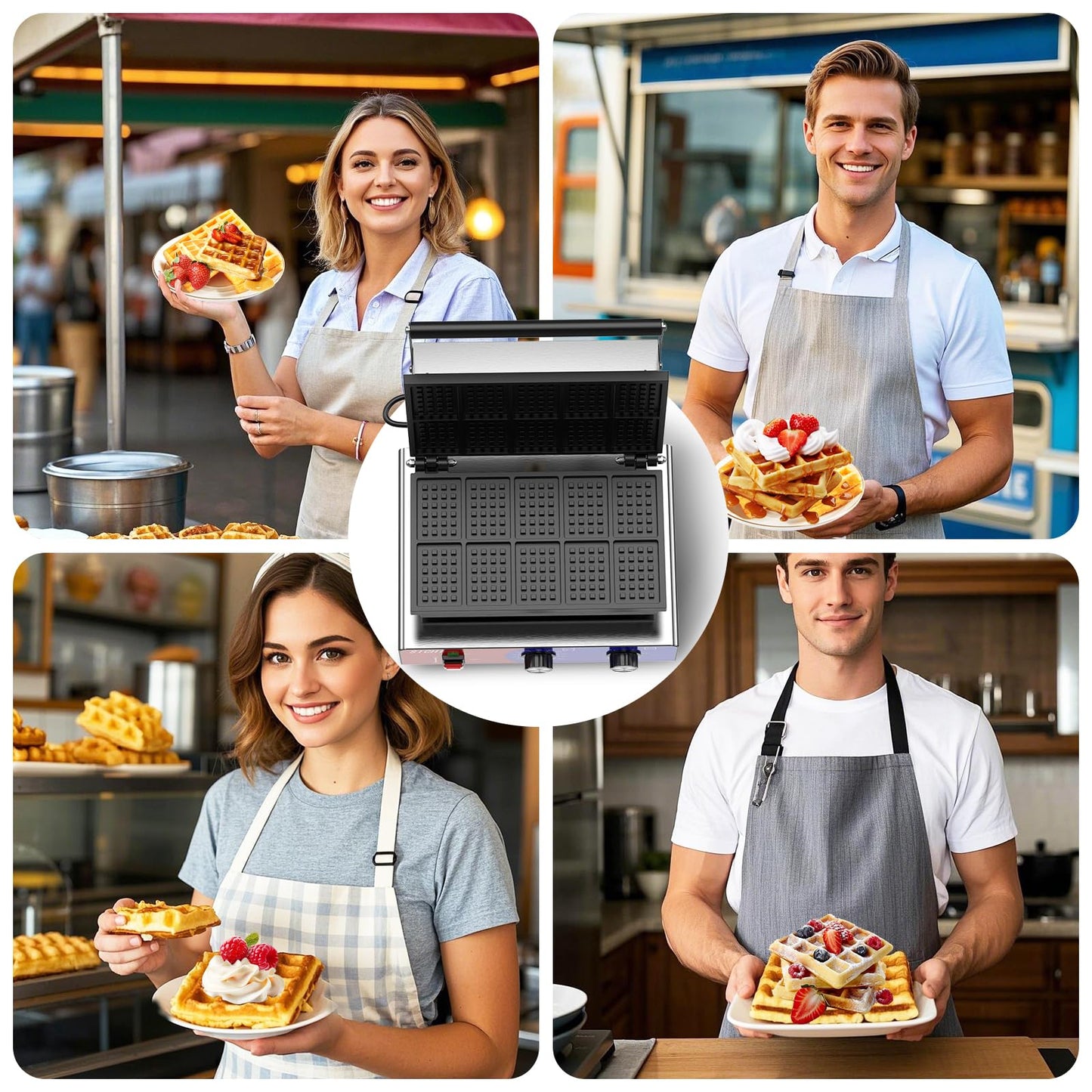 HTTSICHI Square Waffle Maker - Commercial Waffle Iron w/Non-stick Baking Pans, 550 ℉ Temperature and Timers, 1550W Hotel Waffle Machine for Double Baking, Professional Stainless Steel Waffle Maker
