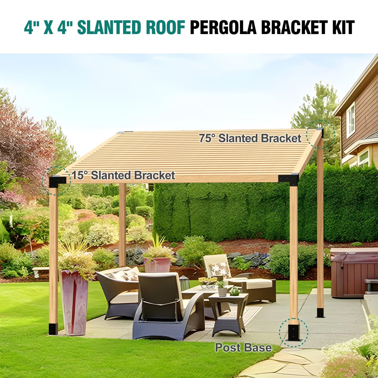 HAYOHRT 15° Pergola Brackets 75° Corner Bracket with Post Base Gazebo Kit for 4x4'' (Actual 3.5x3.5 in) Wooden Beams Lumber Gazebos Patio Pergola Sheds