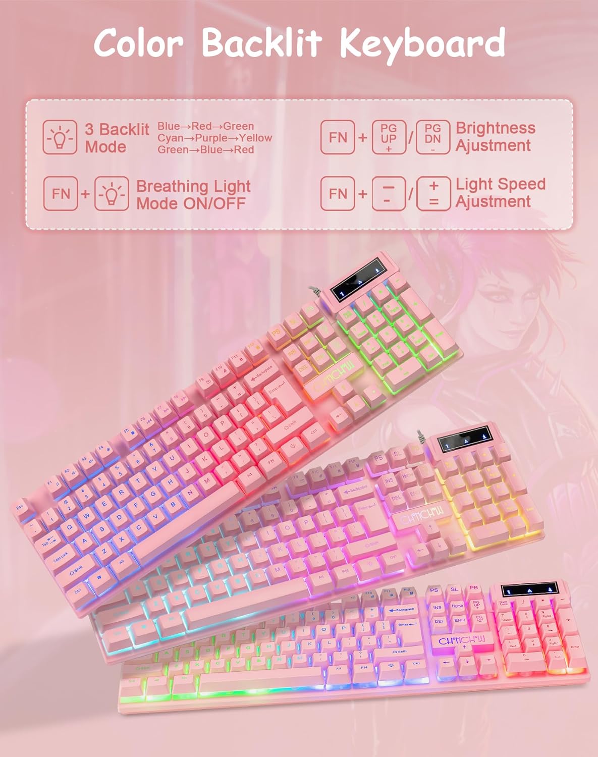 CHONCHOW 104 19 3 Light Up Cute Pink Gaming Keyboard, Keys Full Size, Number Pad, Keys Anti-Ghosting, Multimedia