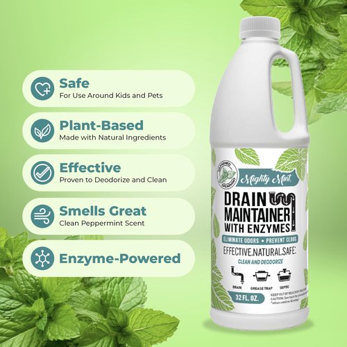 Mighty Mint Enzyme Drain Maintainer – Drain Cleaner & Deodorizer for Odor Control and Buildup Prevention – Safe for Pipes, Septic & Grease Traps - 32 oz.