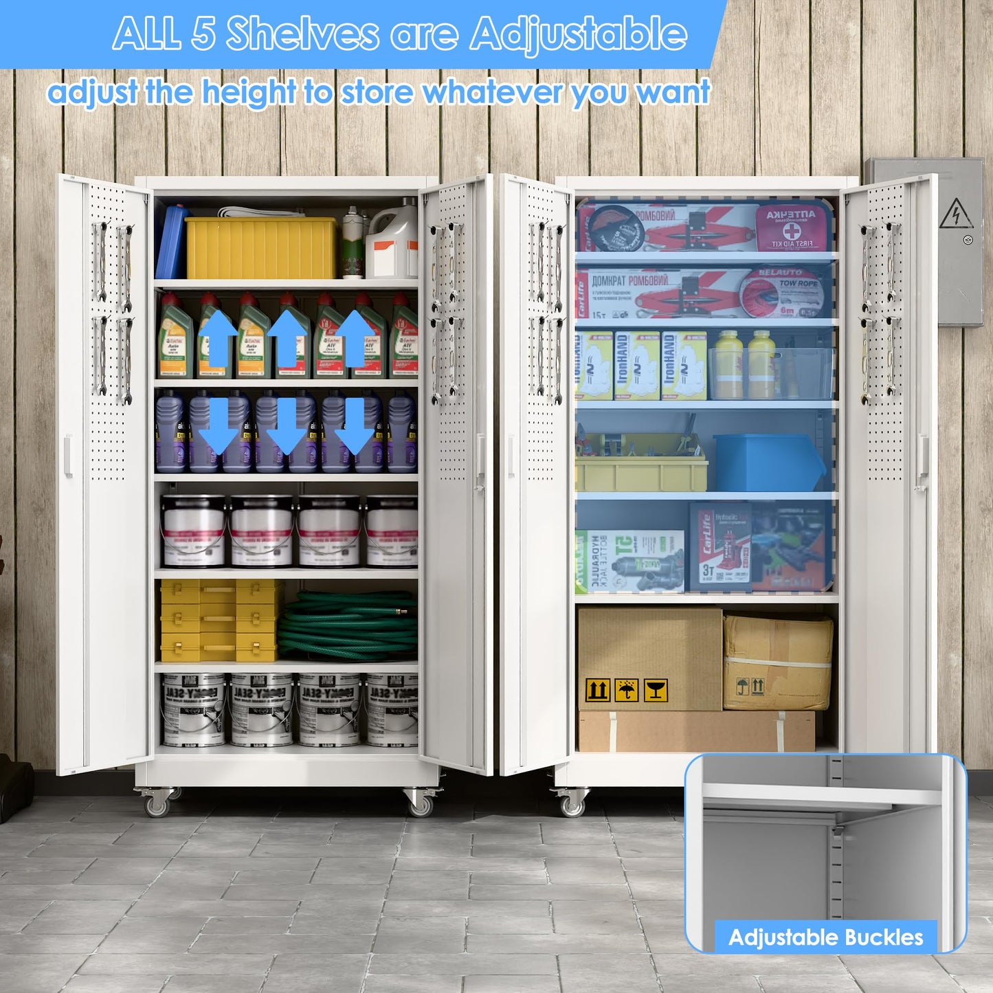 Aobabo Upgraded Garage Storage Cabinets with Wheels,Metal Storage Cabinets with 5 Adjustable Shelves for Garage Home Office Storage,White,71''H*34''W*18''D,Assembly Required