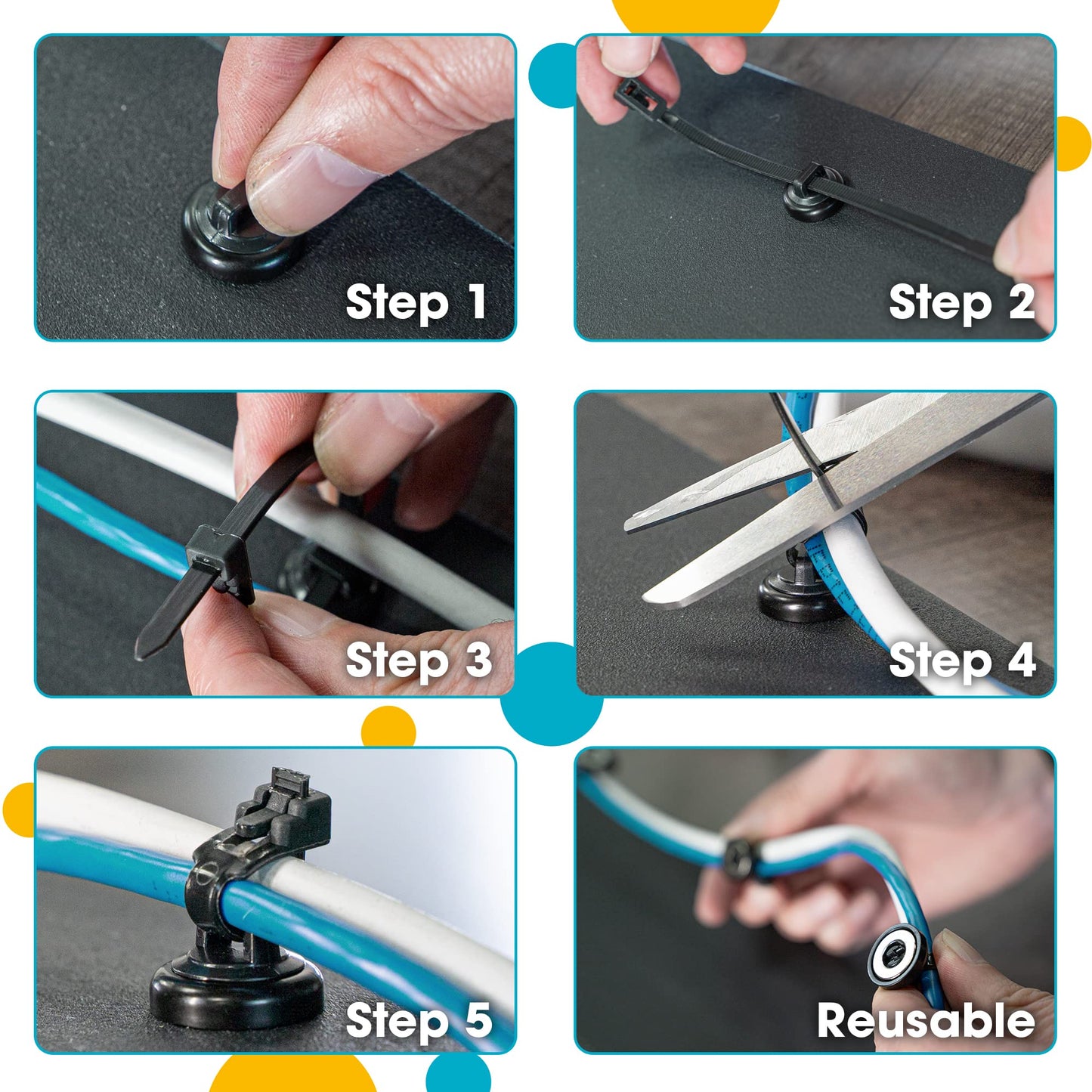HATSBI. Multipurpose Magnetic Cable Zip Tie Mounts. Black. (20 Pack). 20 Black Cable Zip Ties Included. Cable Holder for Cable Management. Holds Standard Zip Ties/Cable Ties.