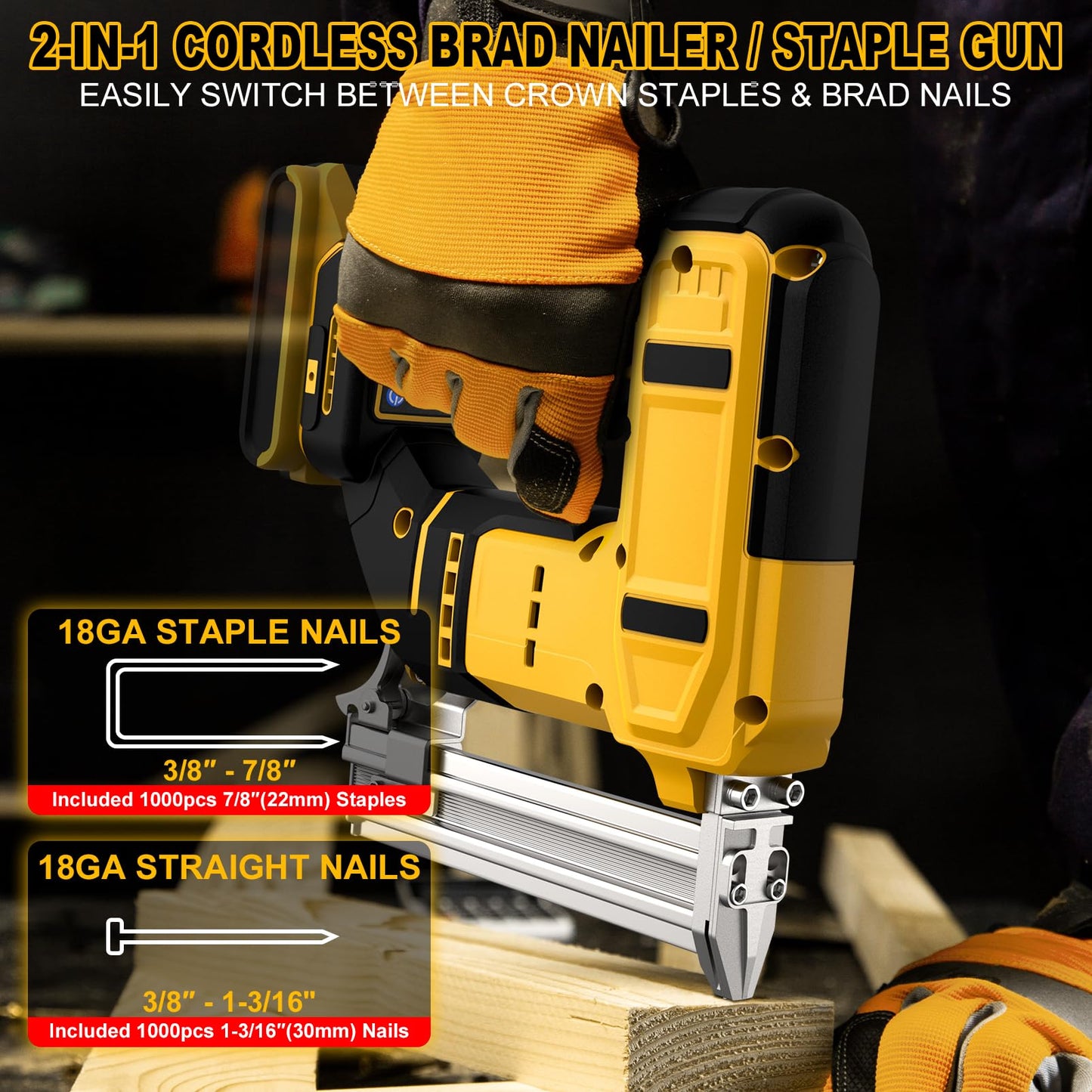 18 Gauge Cordless Brad Nailer & Staple Gun for Dewalt 20V MAX Battery, 2-in-1 Battery Powered Nail Gun with 2000 Nails, Electric Nail Gun for Woodworking, Framing, DIY & Home Improvement (No Battery)
