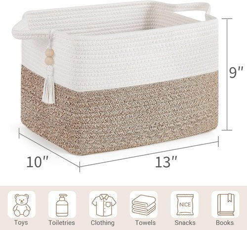 Mkono Woven Storage Basket - Decorative Cotton Rope Cube for Organizing Clothes & Toys | 13'' x 10'' x 9'', Brown & White