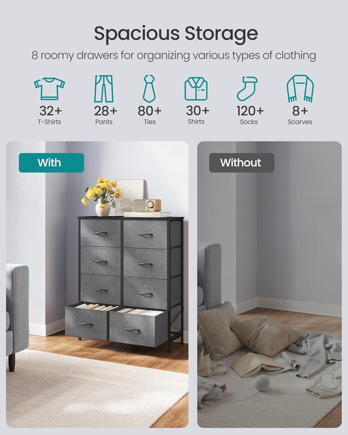 SONGMICS Dresser - Modern 8-Drawer Storage Organizer Unit for Bedroom & Entryway | Slate Gray