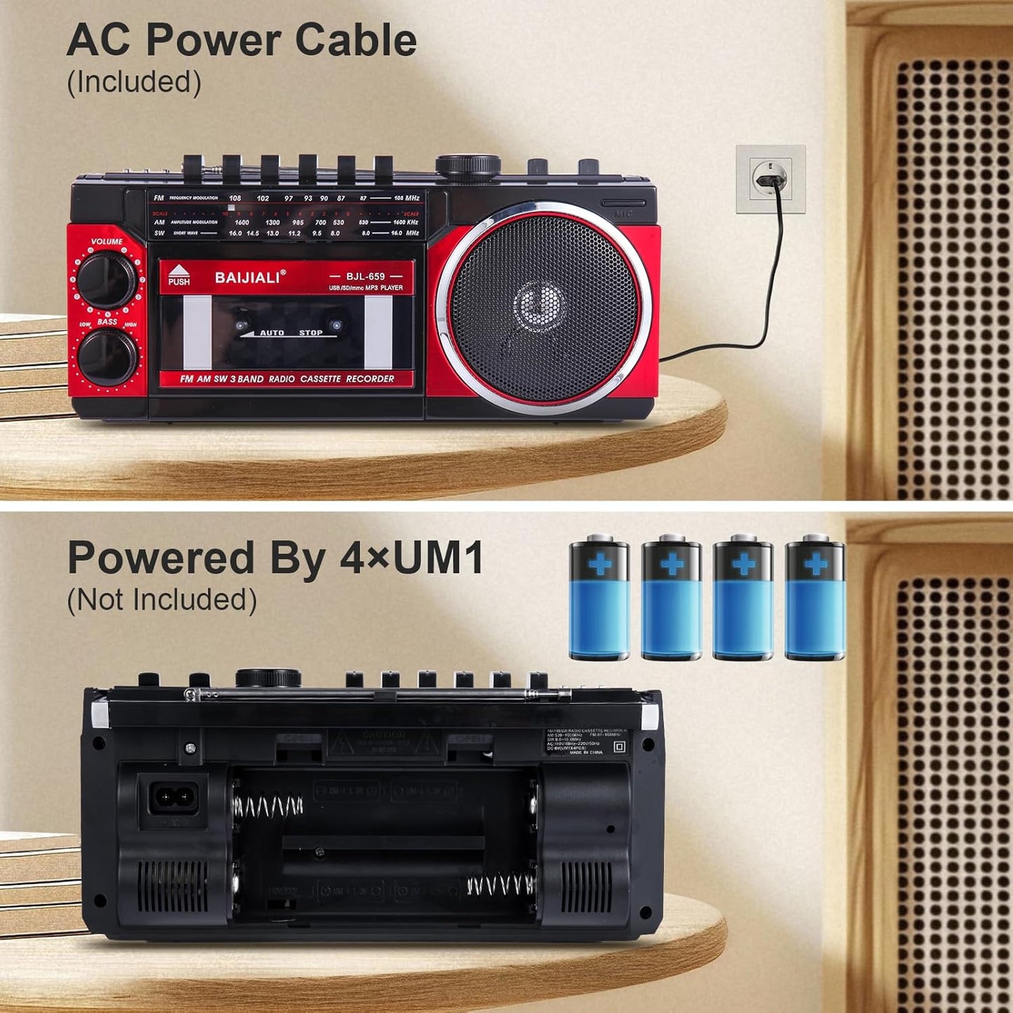 BAIJIALI Cassette Portable Player with AM/FM/SW Radio & BT, Boombox for Home and Travel, Record from Radio, Play via