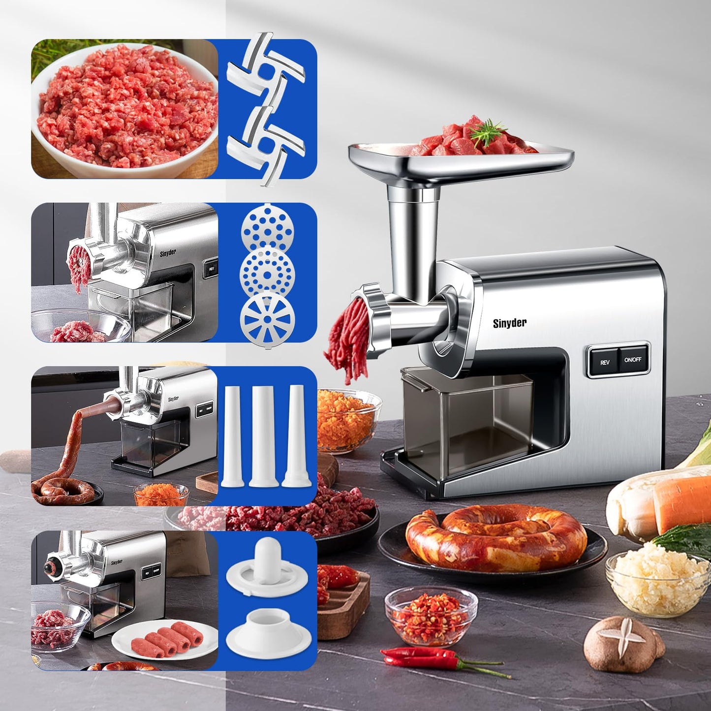 Electric Meat Grinder,3000 Max 304 Stainless Steel Meat Mincer Accessories with 2 Blades,3 Grinding Plates,3 Sausage Stuffer Tubes & Kubbe Kit for Home & Kitchen Use