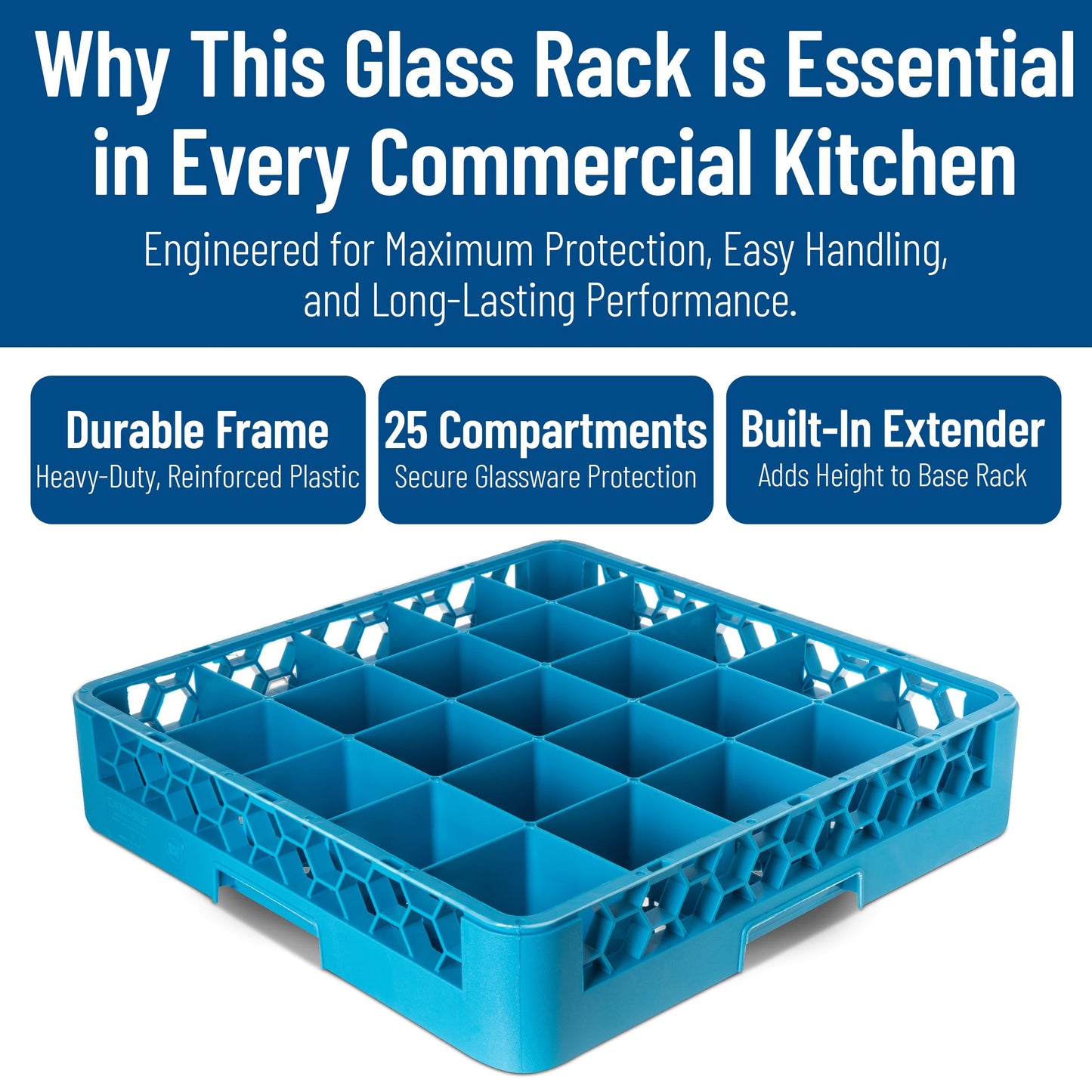 Carlisle FoodService Products OptiClean 25 Compartment Glass Racks – Fits 3.25" Diameter Red Wine Goblets, Beverage Glasses, Rocks Glasses, Tamper Proof Restaurant Kitchen, Blue