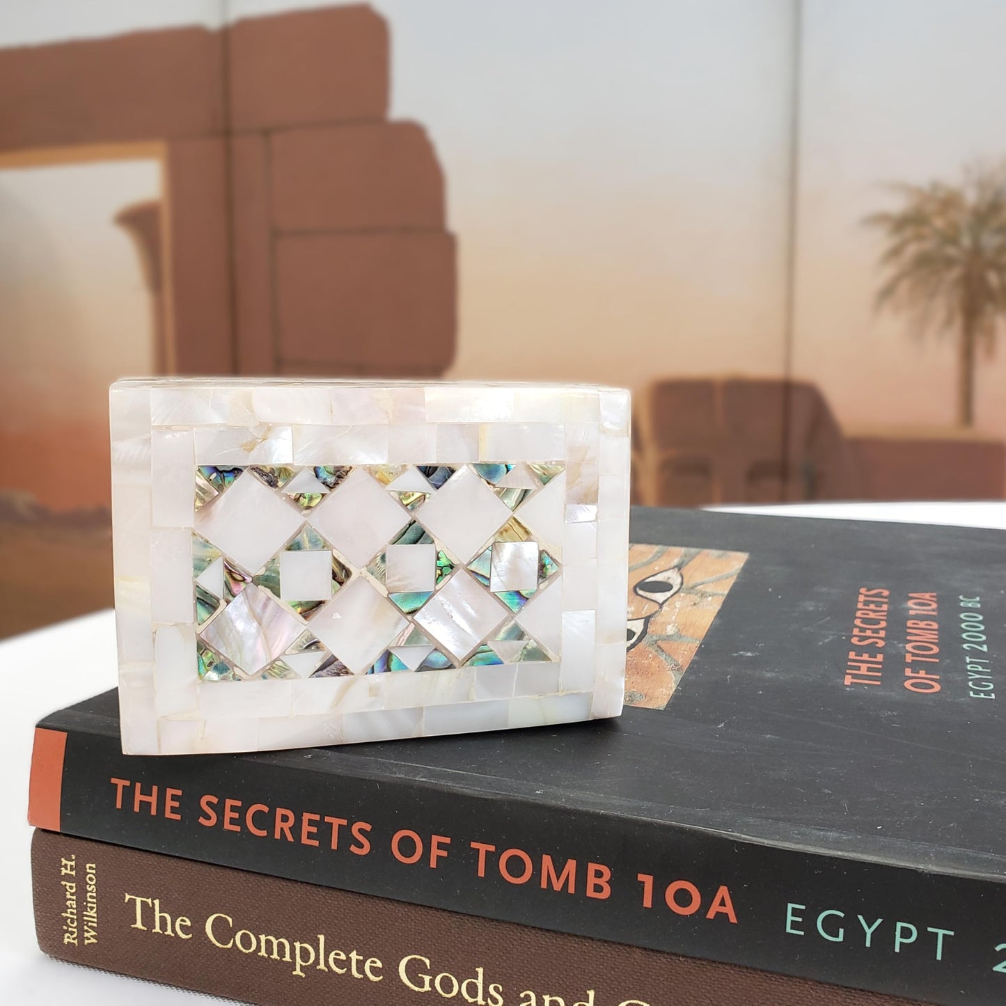 Egyptian Wooden Jewelry Box with Mother of Pearl Inlaid - White Rectangle Unique Gift Container - Arabesque Pattern Design - Velvet Lined - Made in Egypt