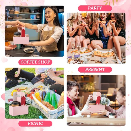 MotiMind 20 Pack 2 Cup Drink Carrier with Handle Kraft Paperboard Cup Holder Portable for Mother's Day Teachers' Day for Hot Cold Drinks Coffee Caddy with Heart Card Rope (Pink)